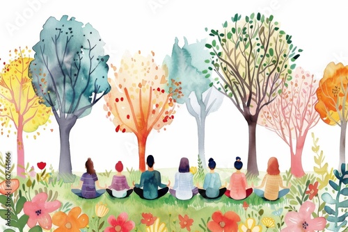 Colorful watercolor illustration of people sitting under trees in a vibrant, blooming garden scene in springtime.