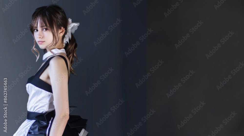 Woman in monochrome dress stands in dark studio, gazing away Woman in monochrome dress stands in dark studio, gazing away