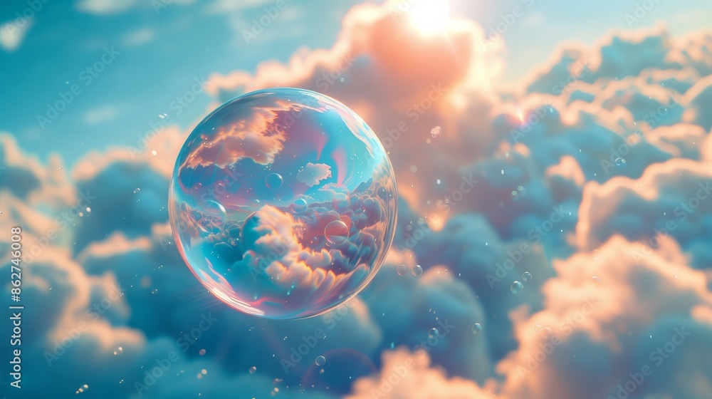 Delicate Soap Bubble Floating Amidst Dreamy Pink and Blue Clouds at Sunrise – Surreal and Magical Photography Delicate Soap Bubble Floating Amidst Dreamy Pink and Blue Clouds at Sunrise – Surreal and Magical Photography