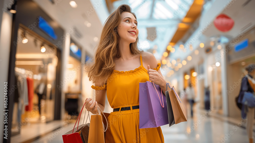 A beautiful woman in a bright, airy store, holding multiple shopping packages, and looking at new arrivals with excitement. A beautiful woman in a bright, airy store, holding multiple shopping packages, and looking at new arrivals with excitement.