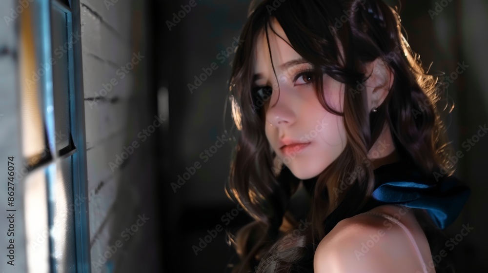 Fototapeta premium A woman with long dark hair gazes back over her shoulder