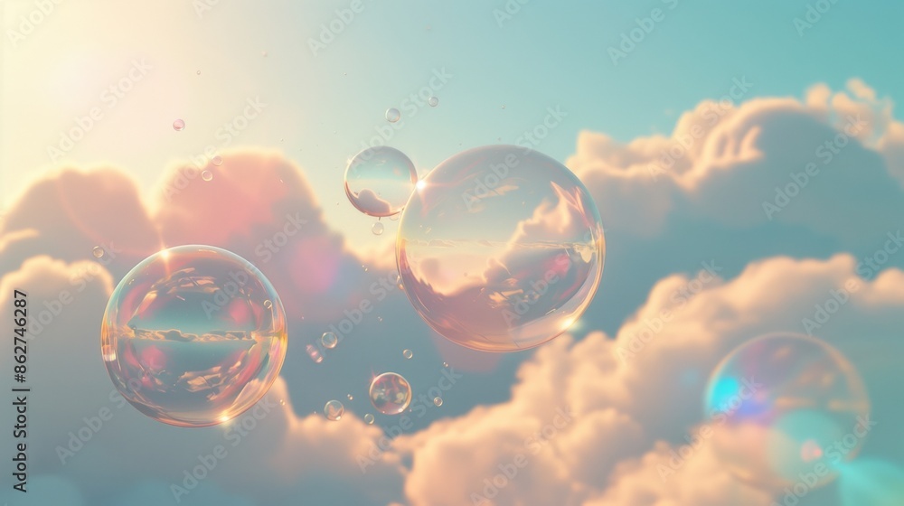 Soap Bubbles Floating in the Sky with Puffy Clouds Illuminated by the Sun – Enchanting and Tranquil Photography Soap Bubbles Floating in the Sky with Puffy Clouds Illuminated by the Sun – Enchanting and Tranquil Photography