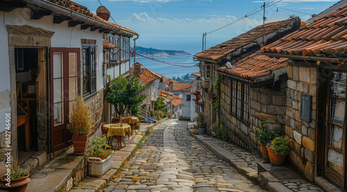 Fototapeta Naklejka Na Ścianę i Meble -  A cobblestone street lined with small shops and cafes that curves downhill towards a coastal village in the background. Generative AI.