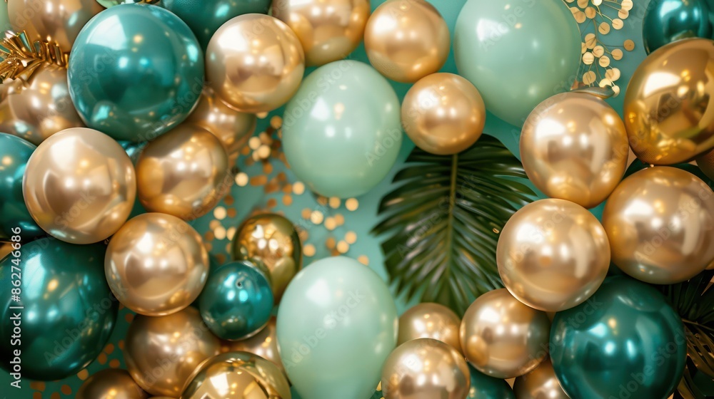 A bunch of balloons in gold and green colors. The balloons are arranged in a wreath and are surrounded by a leafy green background. The balloons are shiny and reflective A bunch of balloons in gold and green colors. The balloons are arranged in a wreath and are surrounded by a leafy green background. The balloons are shiny and reflective