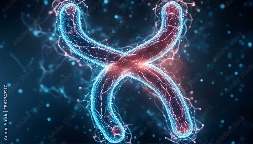 Fototapeta premium Chromosome X, microscopic view of DNA structure and genetic mutation, scientific research on human genome and pathology