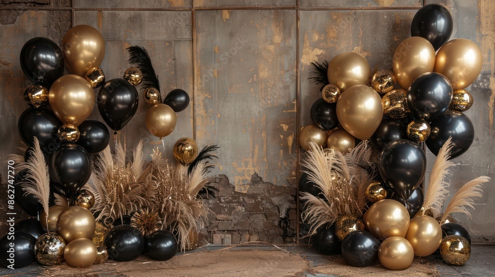 A room with gold and black balloons and a lot of gold and black decorations. The room is decorated for a special occasion A room with gold and black balloons and a lot of gold and black decorations. The room is decorated for a special occasion