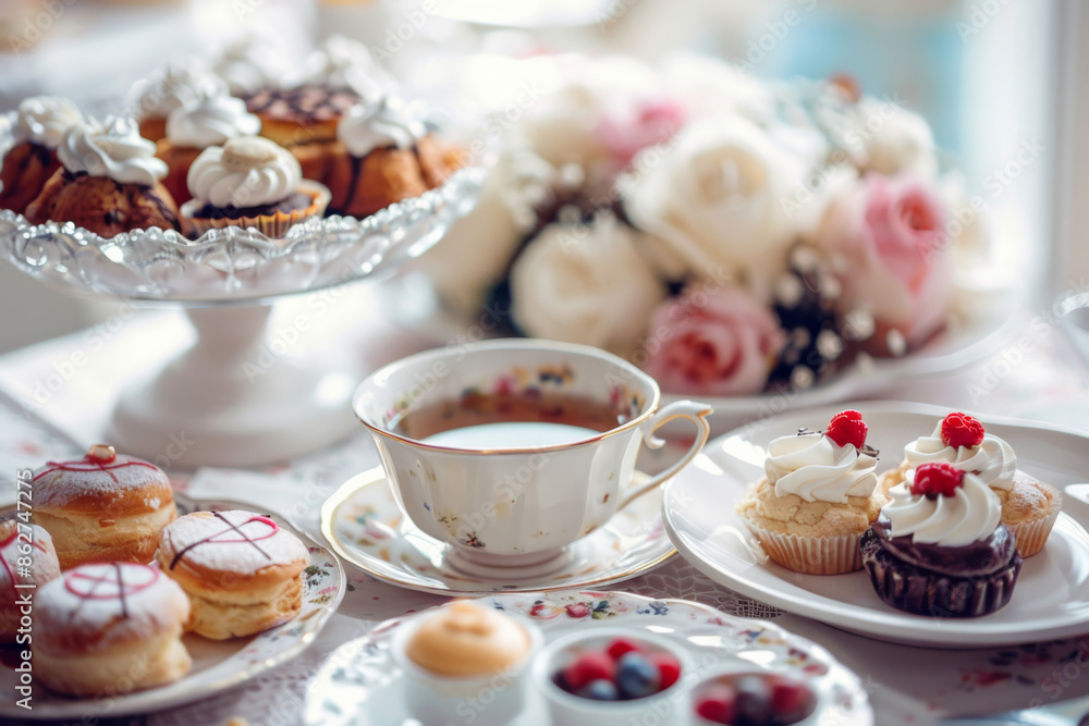 Traditional english afternoon tea with selection of cakes and sandwiches, background with copy space Traditional english afternoon tea with selection of cakes and sandwiches, background with copy space