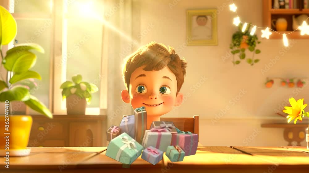 Child with gift box in a room at party. Seamless looping time-lapse 4k video animation background Child with gift box in a room at party. Seamless looping time-lapse 4k video animation background