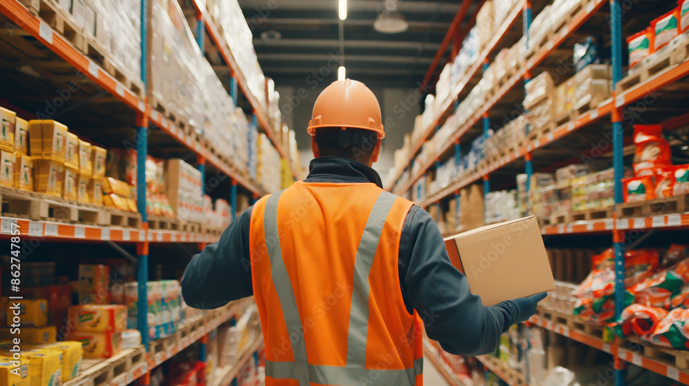 A diligent worker arranges boxes of cereals and snacks on shelves in a spacious distribution grocery warehouse, close-up A diligent worker arranges boxes of cereals and snacks on shelves in a spacious distribution grocery warehouse, close-up