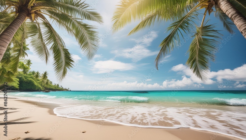Tropical beach scene with palm trees and turquoise water. Tropical beach scene with palm trees and turquoise water.