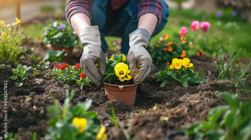 Fototapeta premium Gardener Planting Flowers in a Garden Bed