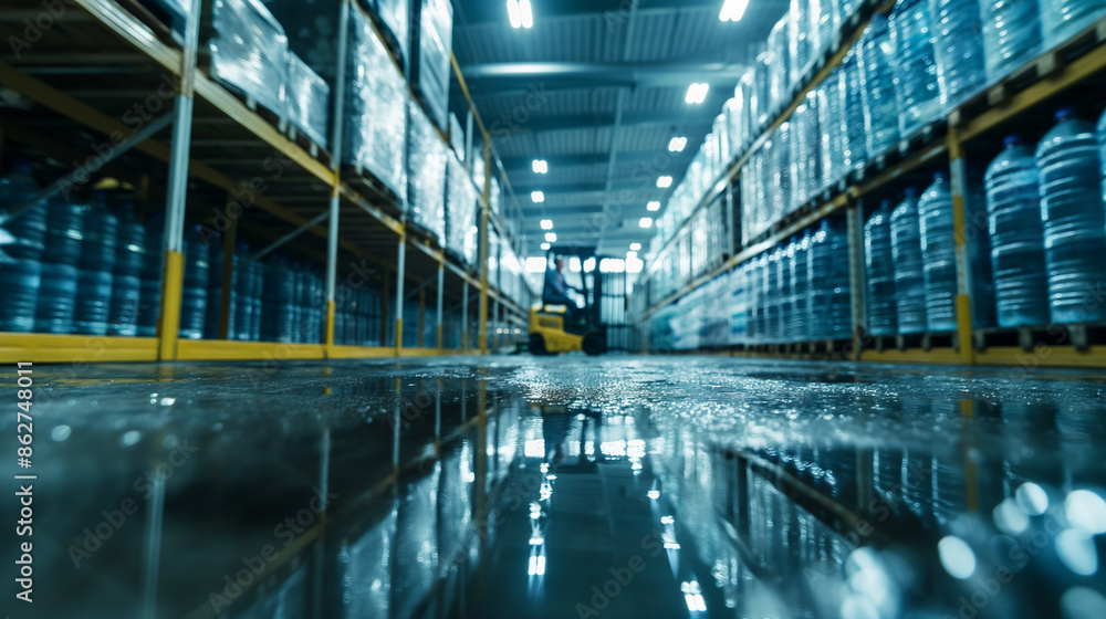 In a high-tech distribution warehouse, a worker uses a forklift to move heavy crates of bottled water, close-up In a high-tech distribution warehouse, a worker uses a forklift to move heavy crates of bottled water, close-up