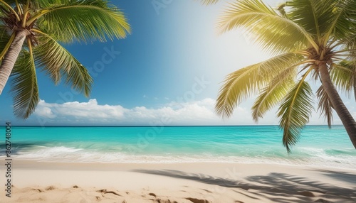 Tropical beach scene with palm trees and turquoise water.