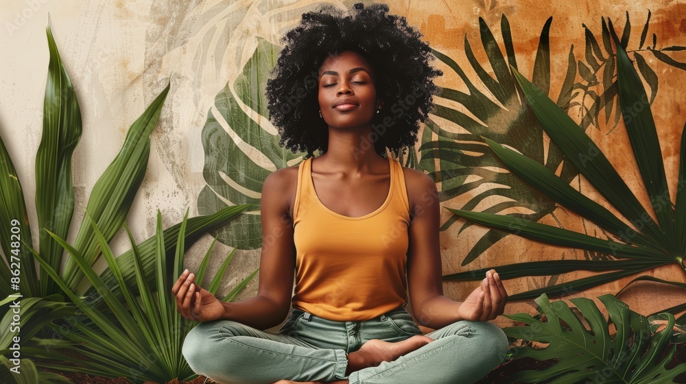 Woman meditating in a serene environment with tropical plants and leaves in the background. Woman meditating in a serene environment with tropical plants and leaves in the background.
