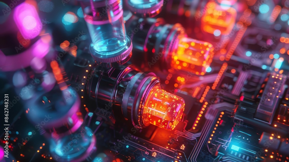 A shrinker shrinking objects in a hightech lab, Neon colors, Futuristic, 3D rendering, Innovative A shrinker shrinking objects in a hightech lab, Neon colors, Futuristic, 3D rendering, Innovative