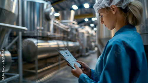In a high-tech dairy processing plant, a woman uses a tablet to monitor milk pasteurization processes, close-up