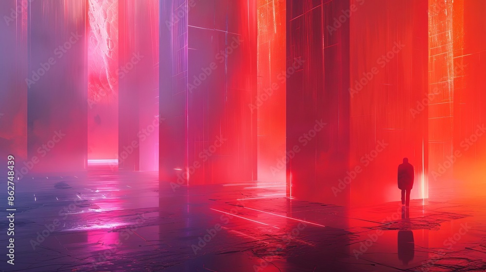 A solitary figure in a neonlit digital landscape, Cool colors, Futuristic, Illustration, Peaceful A solitary figure in a neonlit digital landscape, Cool colors, Futuristic, Illustration, Peaceful