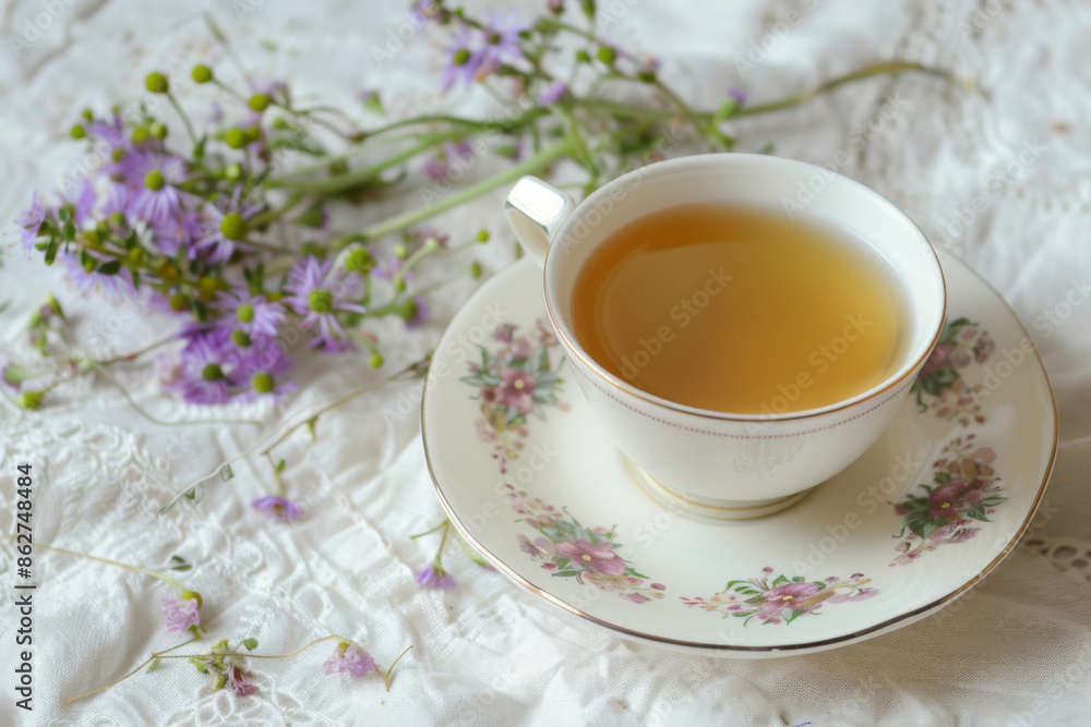 Cup of herbal tea with fresh herbs against white background, healthy drink Cup of herbal tea with fresh herbs against white background, healthy drink