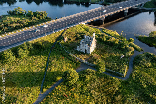 Aerial shot of Terryland castle at sunset. Galway, Ireland