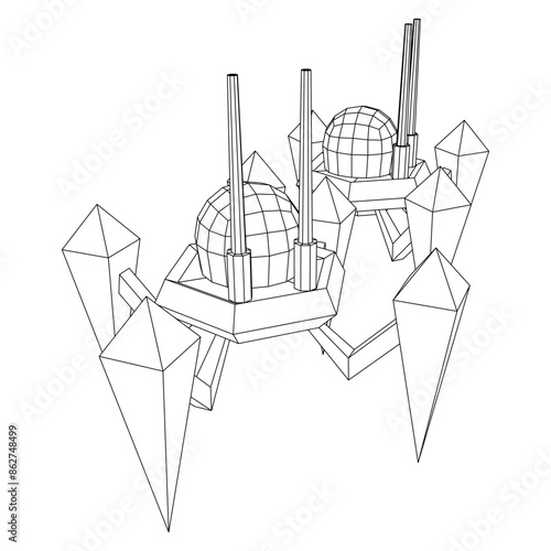 Spider robot with radar antenna. Nanobot, nanotechnology medical concept. Wireframe low poly mesh vector illustration