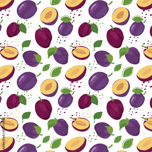 Abstract plum pattern in flat style. Fresh, delicious fruit seamless pattern. Vector background. Summer freshness for health. For background, juice, ice cream or packaging.