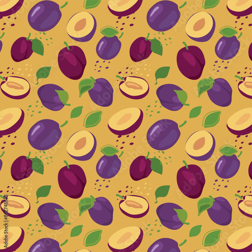 Abstract plum pattern in flat style. Fresh, delicious fruit seamless pattern. Vector background. Summer freshness for health. For background, juice, ice cream or packaging.