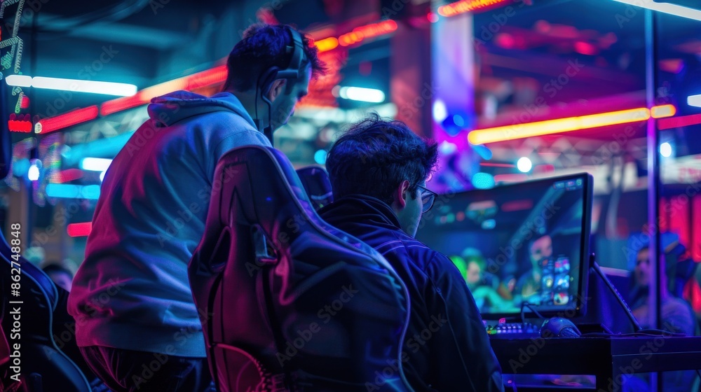 Gamers Concentrated on a Computer Screen in a Neon-Lit Arena Gamers Concentrated on a Computer Screen in a Neon-Lit Arena