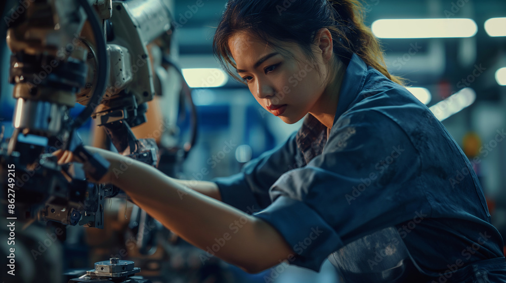 A woman in a state-of-the-art car factory adjusts the settings of robotic manipulators assembling rearview mirrors, close-up A woman in a state-of-the-art car factory adjusts the settings of robotic manipulators assembling rearview mirrors, close-up