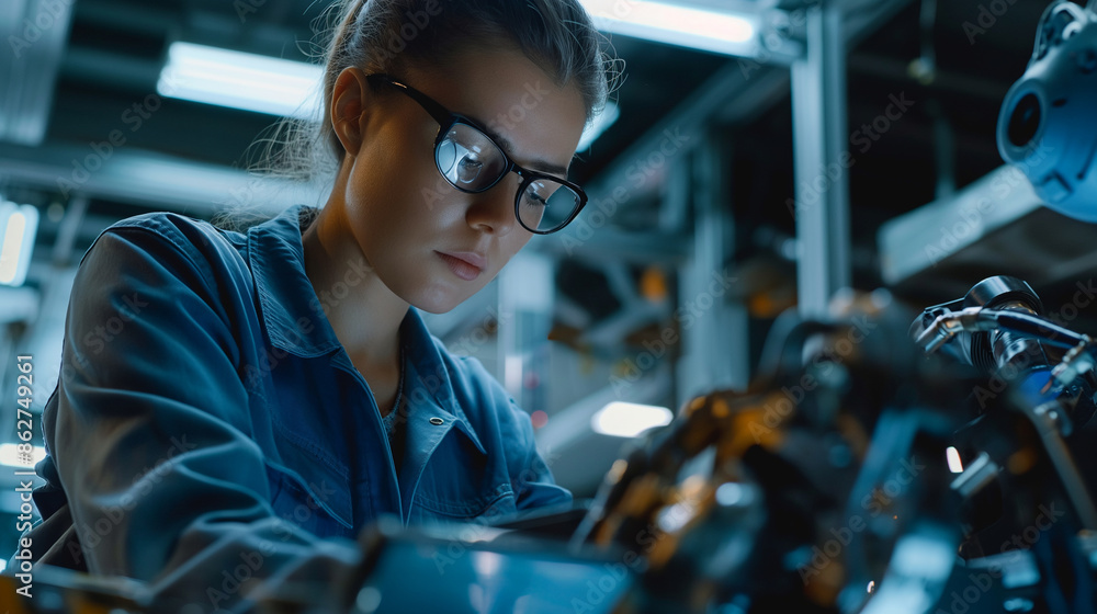 In a high-tech automotive facility, a woman checks data on her tablet while robotic arms install seat adjusters, close-up In a high-tech automotive facility, a woman checks data on her tablet while robotic arms install seat adjusters, close-up