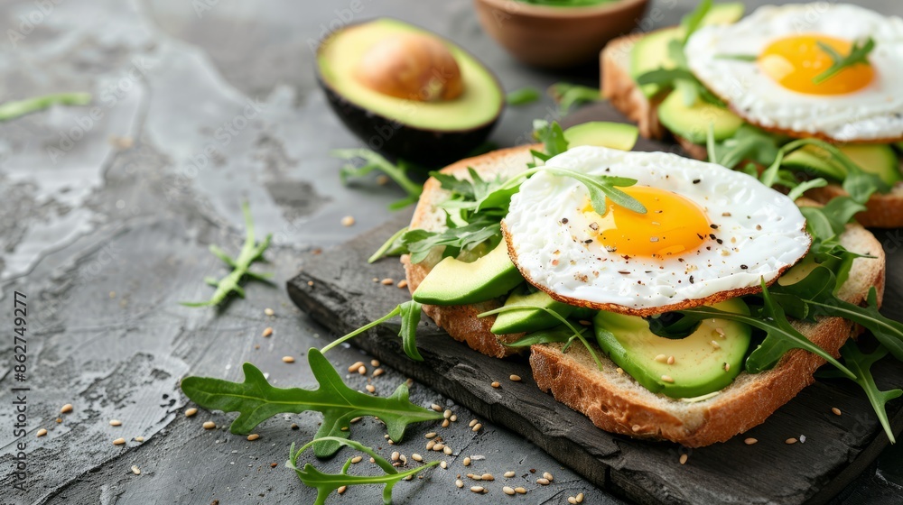 Avocado Sandwich with Fried Egg - sliced avocado and egg on toasted bread with arugula for healthy breakfast or snack, copy space. Avocado Sandwich with Fried Egg - sliced avocado and egg on toasted bread with arugula for healthy breakfast or snack, copy space.
