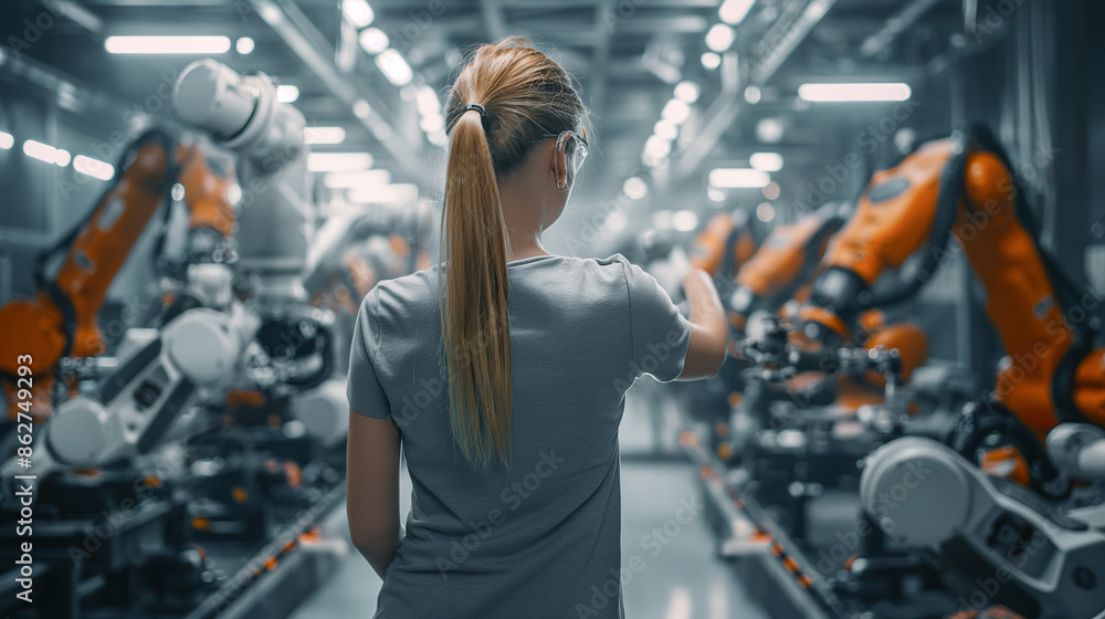 In a high-tech automotive plant, a woman checks the precision of robotic manipulators fitting steering columns, close-up In a high-tech automotive plant, a woman checks the precision of robotic manipulators fitting steering columns, close-up