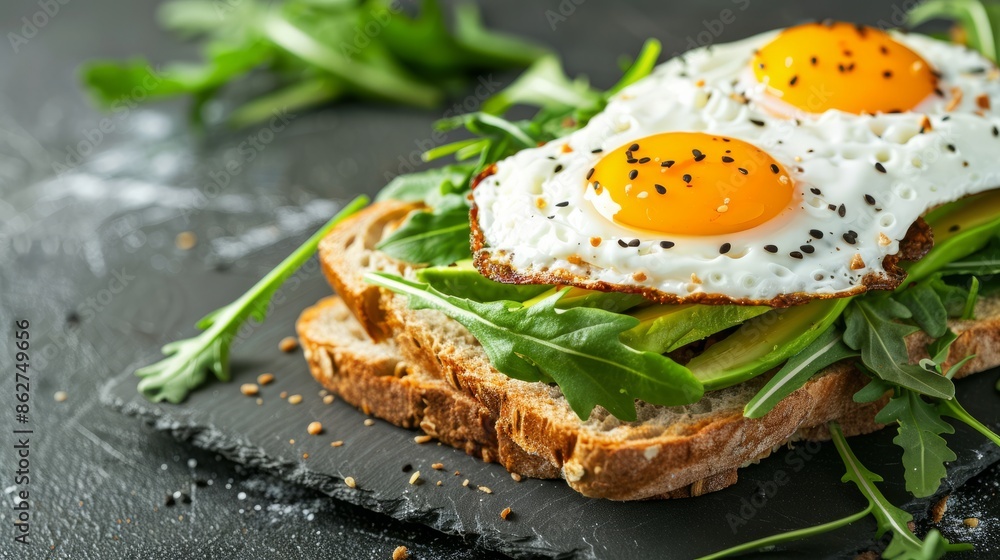Avocado Sandwich with Fried Egg - sliced avocado and egg on toasted bread with arugula for healthy breakfast or snack, copy space. Avocado Sandwich with Fried Egg - sliced avocado and egg on toasted bread with arugula for healthy breakfast or snack, copy space.