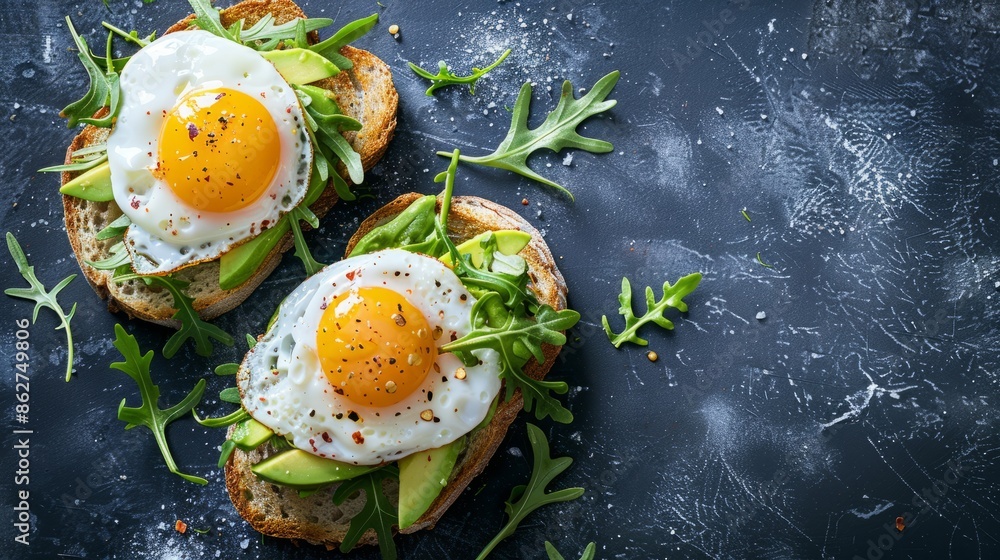 Avocado Sandwich with Fried Egg - sliced avocado and egg on toasted bread with arugula for healthy breakfast or snack, copy space. Avocado Sandwich with Fried Egg - sliced avocado and egg on toasted bread with arugula for healthy breakfast or snack, copy space.