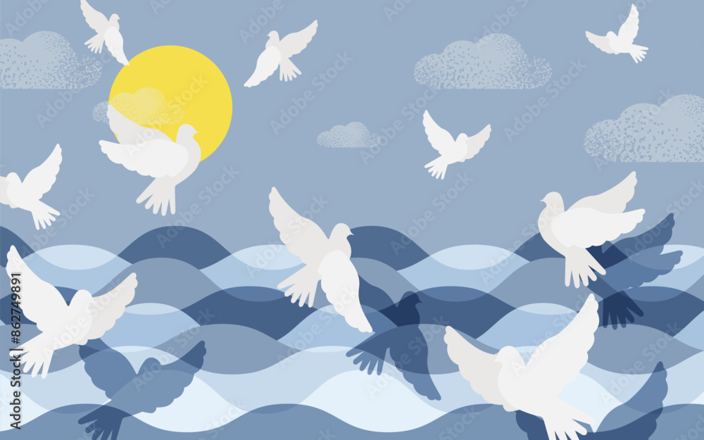 Many peaceful and free birds fly over the sea on a sunny summer day. Vector. Many peaceful and free birds fly over the sea on a sunny summer day. Vector.