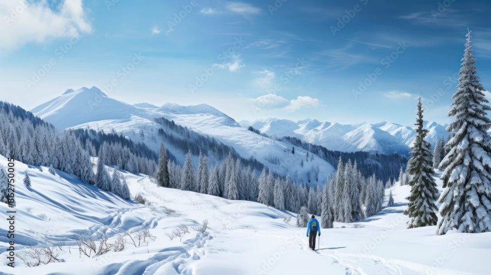 Winter hiking in the mountains on snowshoes with a backpack and tent. Winter hiking in the mountains on snowshoes with a backpack and tent.