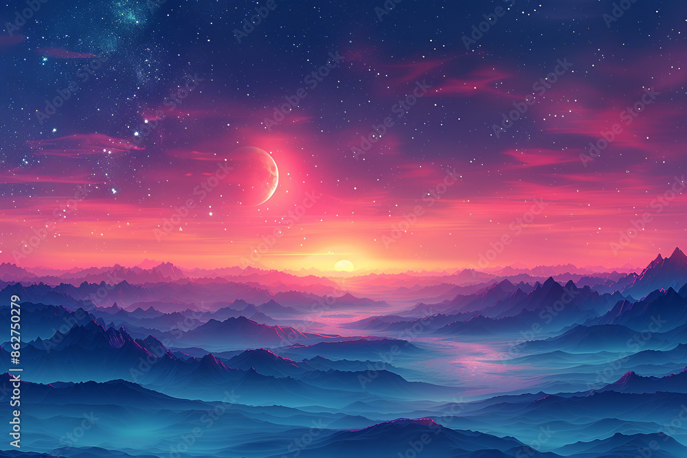 Naklejka premium beautiful Northern lights sky, Aurora borealis, psychedelic Gradient landscape with hills, soft colors, blue, pink, violet