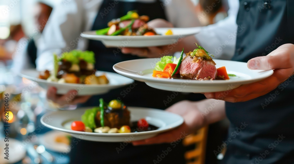 Waiter carrying plates with meat dish on some festive event, party or wedding reception restaurant. Generative AI Waiter carrying plates with meat dish on some festive event, party or wedding reception restaurant. Generative AI