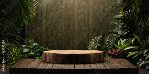 Podium background product forest green display platform wood stone 3d garden rock. Product podium jungle background stage leaf cosmetic nature scene stand presentation mockup tree pedestal plant eco