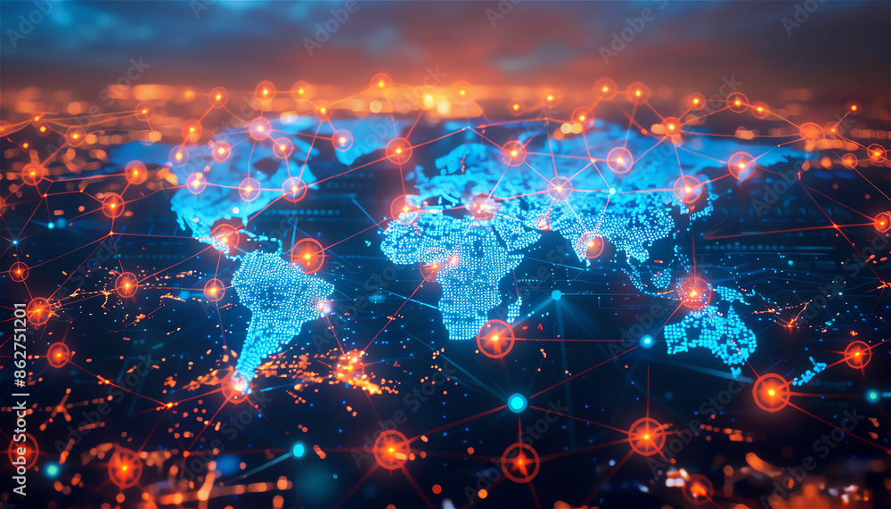 Fototapeta premium World map with interconnected business nodes and technology icons.
