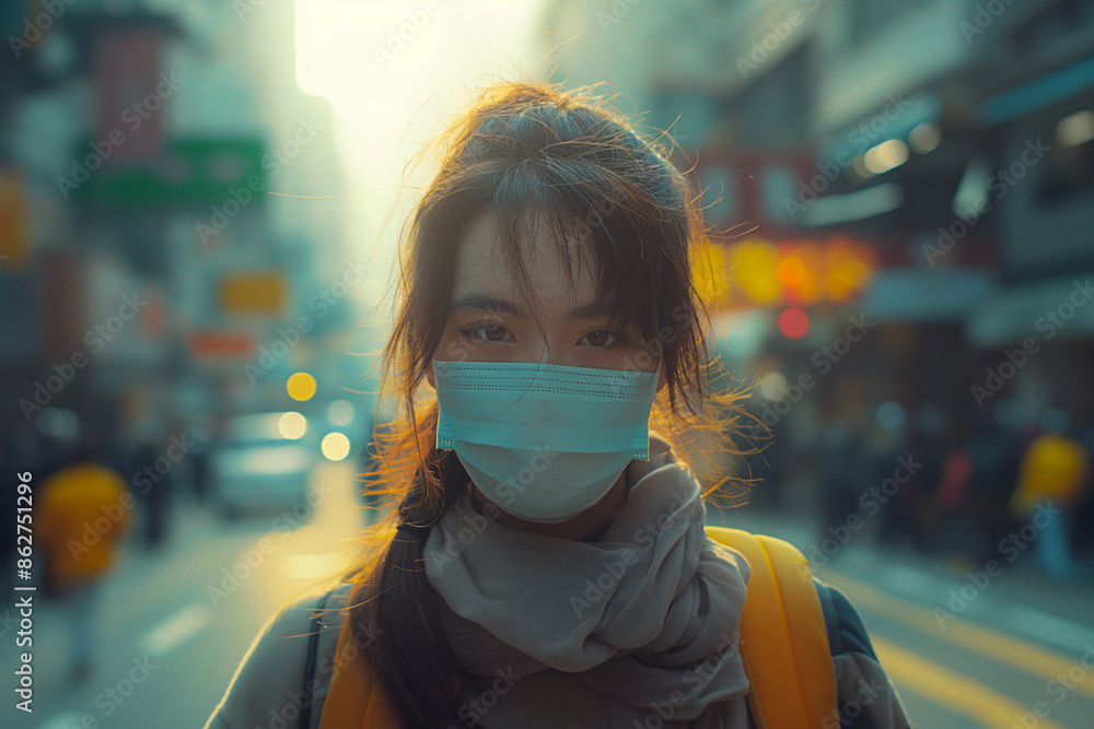 Protests in Hong Kong: Struggle for democracy and human rights.Woman with black hair walks in city, happy, wearing face mask