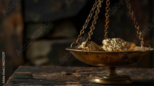 Weighing a gold nugget on an old brass scale dish for trade or exchange. Generative AI