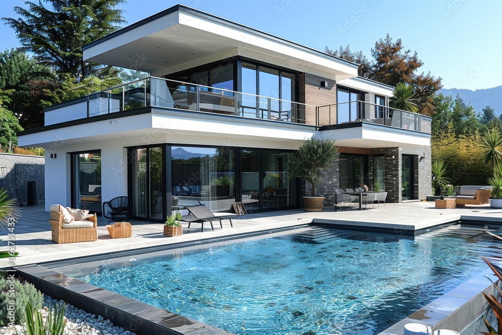 Fototapeta premium A modern home with a rainwater harvesting system, illustrating sustainable living practices.