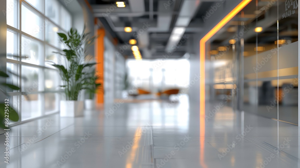Beautiful blurred background of a modern office interior in gray tones with panoramic windows, glass partitions and orange color accents. Beautiful blurred background of a modern office interior in gray tones with panoramic windows, glass partitions and orange color accents.