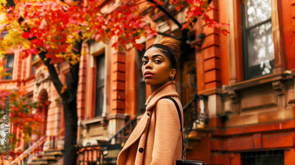 Young Woman Standing in Autumn With City Buildings in Background Young Woman Standing in Autumn With City Buildings in Background