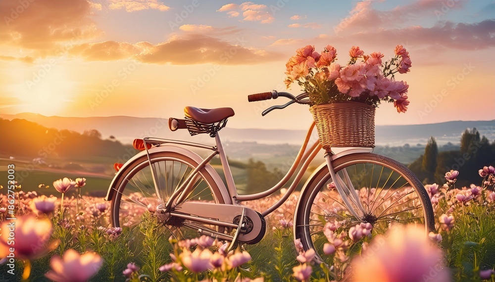 Naklejka premium Vector illustration of a vintage bicycle with flowers in a basket.