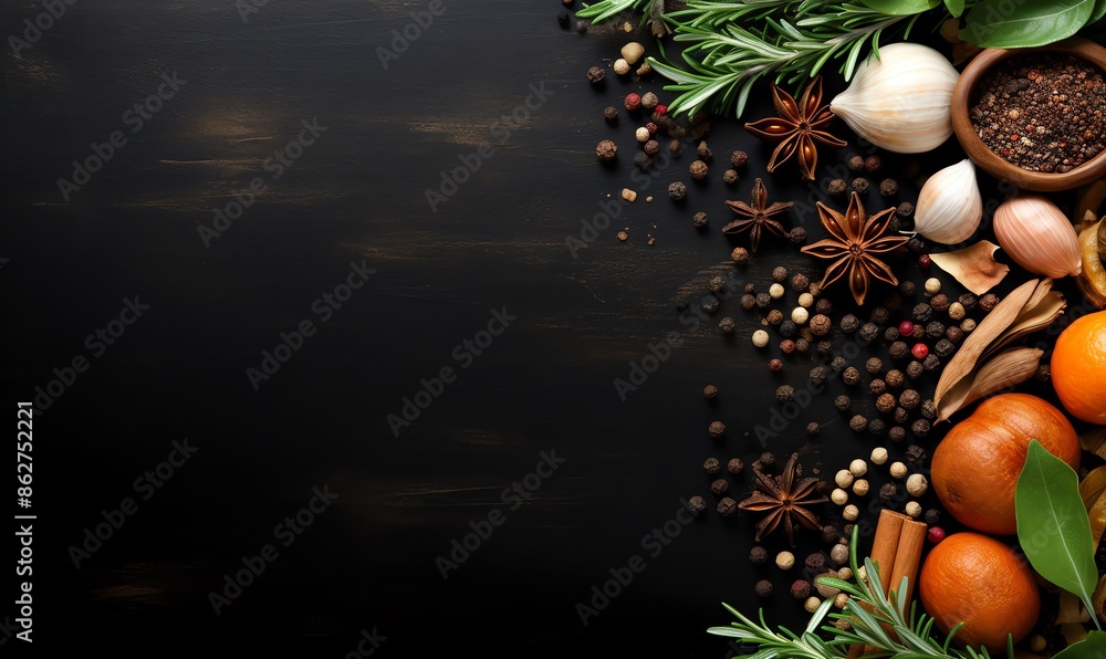 Spices and Citrus on a Dark Wooden Surface Spices and Citrus on a Dark Wooden Surface