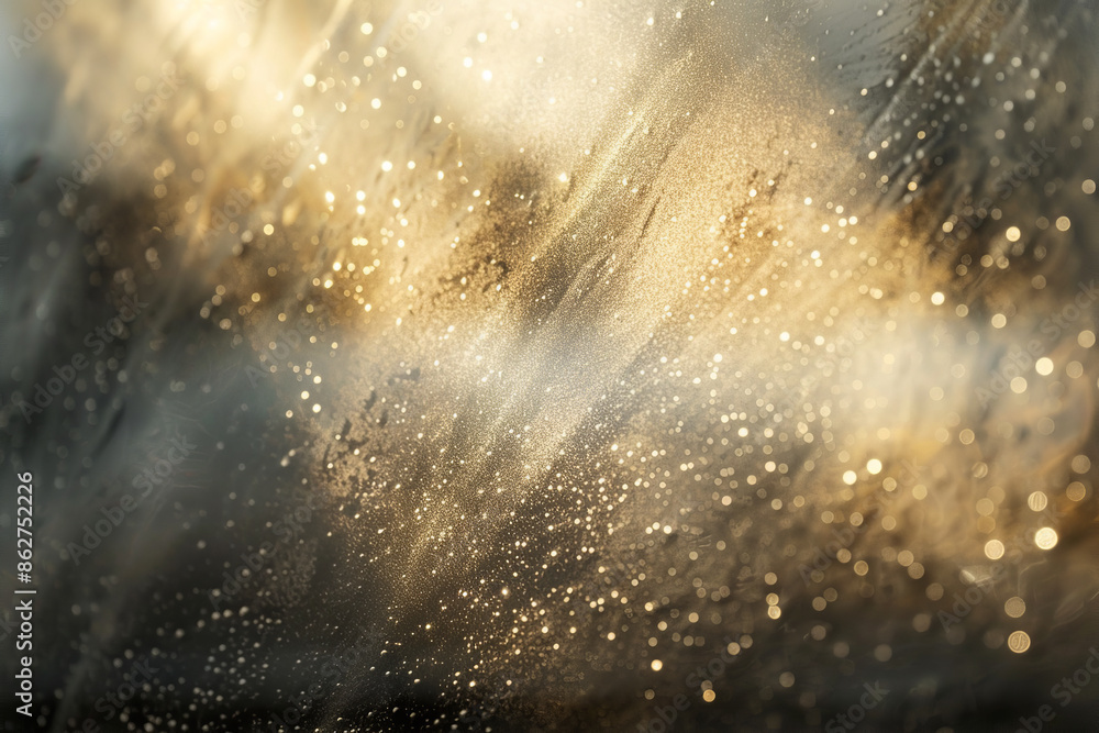 Golden particles create a light effect with dots of sunlight, golden bokeh lights and sparkling dust Golden particles create a light effect with dots of sunlight, golden bokeh lights and sparkling dust