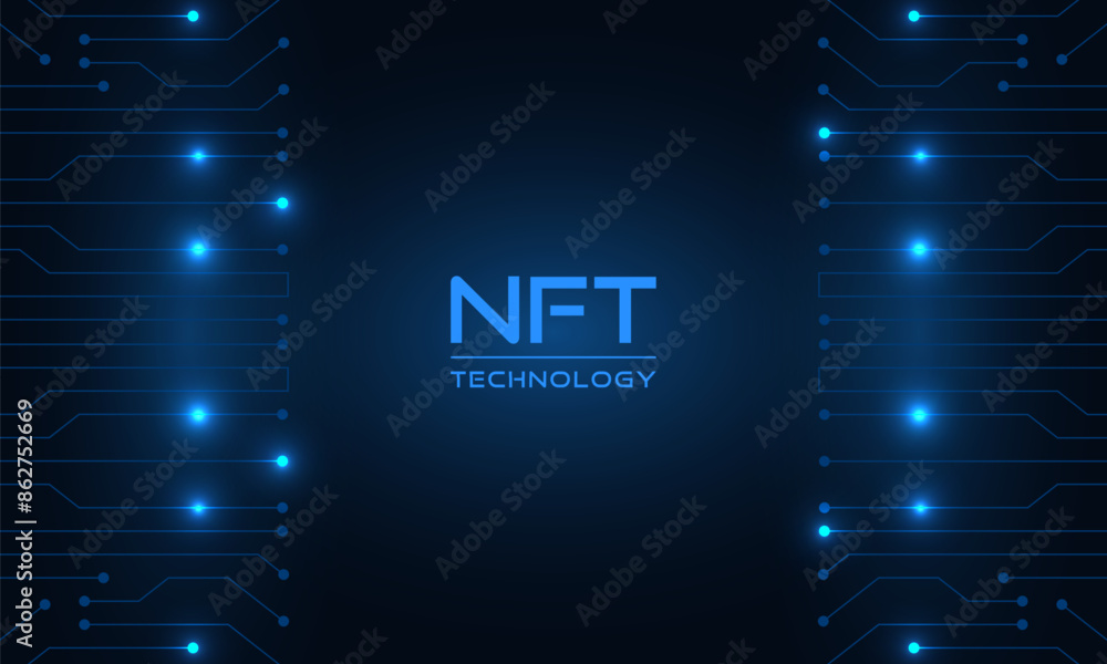 Glowing blue NFT technology banner. Abstract digital technology background with circuit board elements. Blue modern hi-tech vector illustration. Glowing blue NFT technology banner. Abstract digital technology background with circuit board elements. Blue modern hi-tech vector illustration.