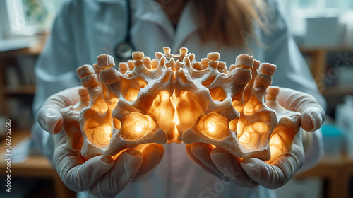 Closeup of doctor hand in gloves holding a glowing wooden vertebra model detailing the spinous process and vertebral foramen photo