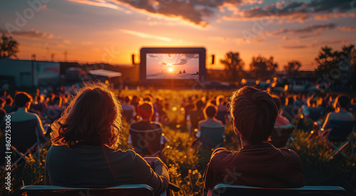 Fototapeta Naklejka Na Ścianę i Meble -  People watching movie outdoor at sunset. Generative AI.